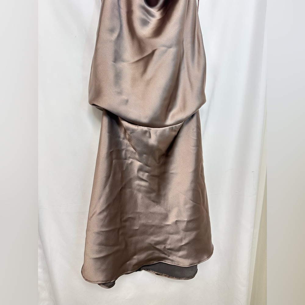 Zara Satin Cowl Neck Strapless Dress in Taupe - Picture 4 of 8